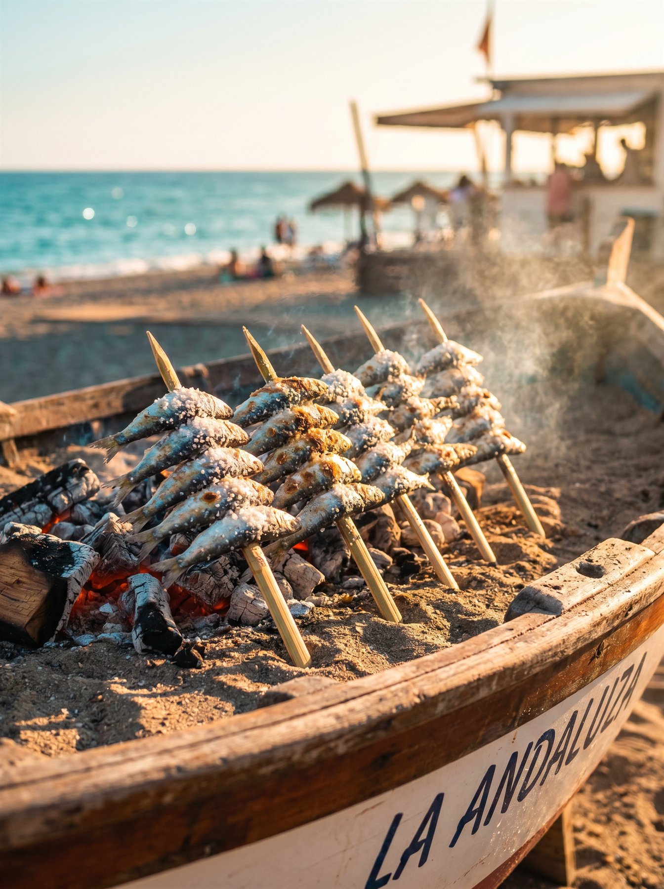 Sardine espeto roasting over embers on a Málaga beach