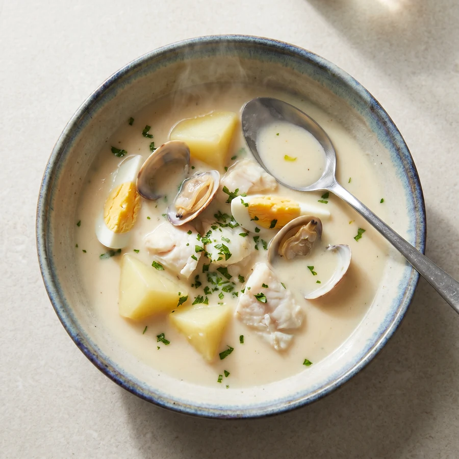 Málaga gazpachuelo with potato, white fish, clams and boiled egg